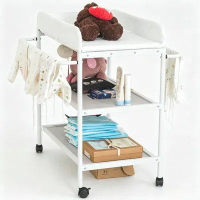 Image de Table à langer bébé bureau de soins pour bébé auge roues verrouillables ceinture de sécurité blanc