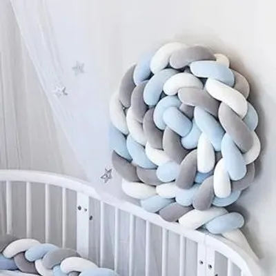Produktbild von Welikera Bettschlange geflochten 200cm Nestchen Zopf - Babybett Stoßfänger Bettumrandung lang - Kopfschutz Zugluftstopper, Blau+Weiß+Grau