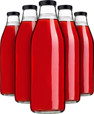 Produktbild von KADAX Saftflaschen 1L, 5 Stück, Schwarz, Glasflaschen mit Schraubverschluss fi43mm, leere Flaschen zum Einkochen, Einmachflaschen zum Befüllen von Saft & Sirup