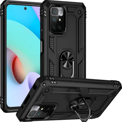 Obrázek produktu pro Pouzdro pro Xiaomi Redmi 10 dvouvrstvé robustní, vojenská ochrana pouzdro s držákem prstenu a stojánkem černé