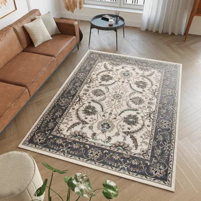 A living room scene with a leather sofa and a patterned rug.