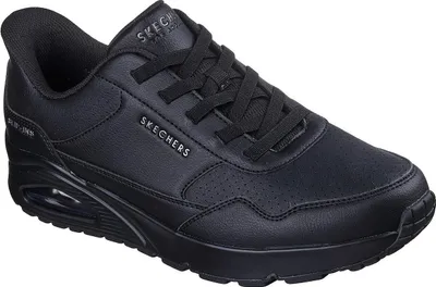 A studio shot of a single black Skechers sneaker.