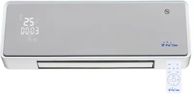 A ceramic wall heater with a silver glass front and a remote control is shown against a white background.