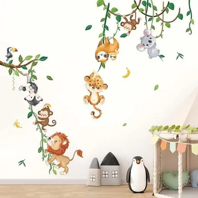 Productafbeelding van Famanu Wandstickers, jungle dieren klimmend op een boom - Wanddecoratie voor kinderkamers - 4 stuks - Kleurrijk - PVC - Verschillende maten