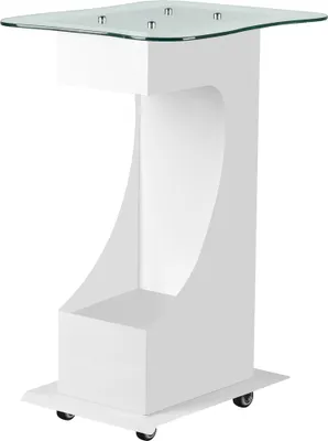 A white, modern podium or side table with a glass top and wheels.