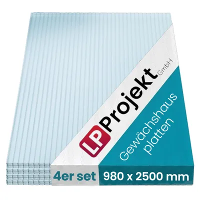 Produktbild von LP Projekt Kunststoff 4 x Polycarbonat-Doppelwandplatten, 16/20-98 x 250 cm (7.35 m²), klar und UV-beständig,extra stark, Mehrwandplatten für Dach