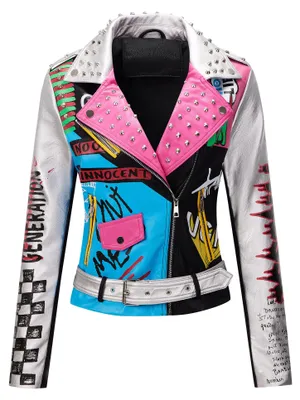 Produktbild von RISISSIDA Frauen Kunstleder Jacke Nieten Frühling Herbst Winter Mode, Moto Biker