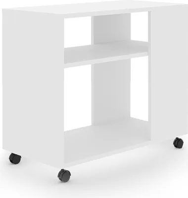 A white rolling storage cabinet with open shelves.