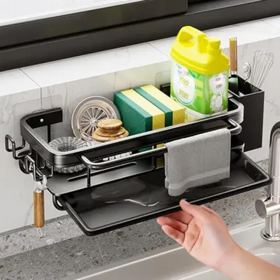 Produktbild von PromoHome® Spülenorganizer mit Abtropfschale – Wandmontage, Schwarz, 30x17x5 cm, Metall