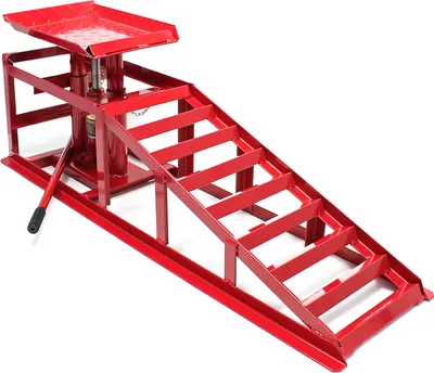 Produktbild von Wiltec Fahrzeugrampe 2000 kg, höhenverstellbar mit hydraulischem Wagenheber, aus Stahl mit Überfahrschutz, für Pkw & Kleintransporter (Reifenbreite bis 225 mm), 30 cm Hubhöhe – ideal für Wartung, Reparatur & Be-/Entladen.
