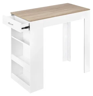 Image de Table de bar - Table de cuisine - Table haute - Avec 1 tiroir et 3 étagères - Bois - Blanche