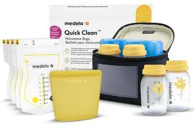 Image de Kit conservation lait maternel MEDELA tout-en-un - 4 Biberons 150 ml, 4 Sachets Easy Pour, 1 Sachet réutilisable, 1 Sachet Micro-ondes Quick Clean et Sac isotherme avec bloc réfrigérant