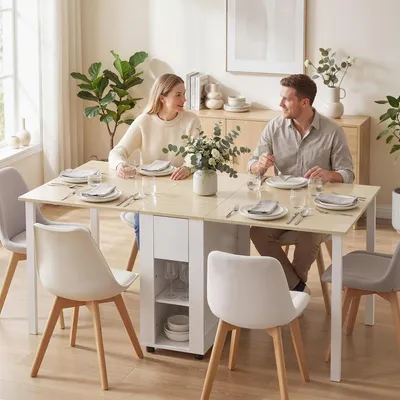 Produktbild von Sweiko Klapptisch für 6 Personen, 168 cm großer ausziehbarer Esstisch mit 2 Schubladen & 4 Ablagefächern
