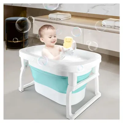 Produktbild von Babybadewanne, tiefer, faltbar, Kinderbadewanne mit kleinem Hocker, Babygeschenk, tragbar und platzsparend, 74,2 x 51 x 42,2 cm (blau)
