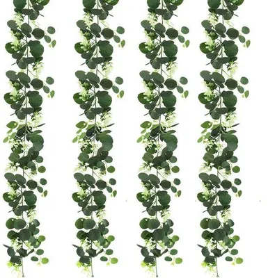 Immagine prodotto di 4 ghirlande di piante artificiali con fiori bianchi, 180 cm, piante rampicanti, foglie di edera, per interni, balconi, matrimoni