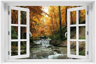 Produktbild von Wallario Premium Glasbild mit Fensterrahmen, freischwebende Optik, kräftige Farben, Größe 60 x 90 cm Motiv Kleiner Bach über Steine im Herbstwald