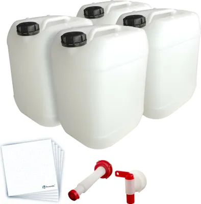 Produktbild von Trevendo 4er Pack 20 Liter Leerkanister inkl. Auslaufhahn, Ausgießer flex und 10 Etiketten