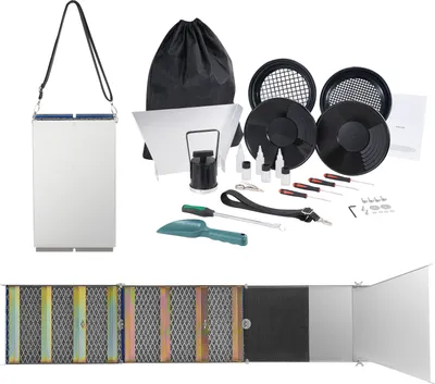 Zdjęcie produktu dla SucceBuy Gold Panning Kit with Sluice Box - 50-calowy aluminiowy sprzęt górniczy, 23-częściowy zestaw zawierający patelnię do złota, sito klasyfikujące, magnes, plecak i akcesoria do poszukiwania złota