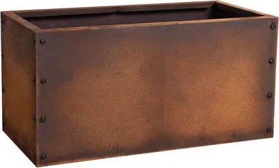 A rectangular planter box with a rusted metal finish.