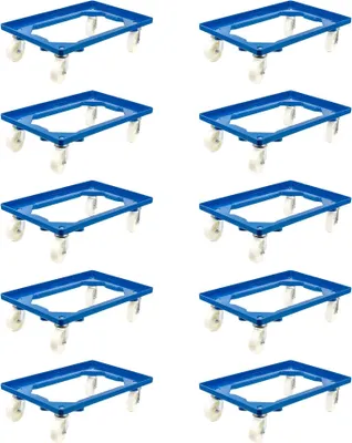 Produktbild von SparSet 10x Transportroller für Euroboxen 60x40cm mit Kunststoffräder blau | Offenes Deck | 2 Lenkrollen & 2 Bockrollen | Traglast 300kg | Kistenroller Logistikroller Rollwagen Profi-Fahrgestell