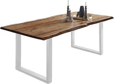 Produktbild von Baumkantentisch 140x80 cm Mephisto, Akazienholz massiv + nussbaumfarben lackiert, Esstisch mit weiß lackiertem U-Gestell, Esszimmertisch/Holztisch, Tischplatte 26 mm