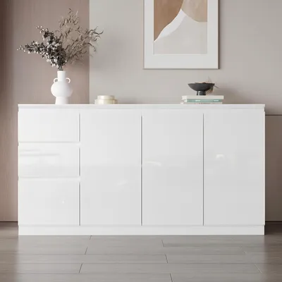 Produktbild von Sideboard mit 3 Schubladen und 3 Türen, Hochglanz-Kommode, Verdeckte Griffe, Verstellbare Einlegeböden, Küche, Wohnzimmer, Weiß, MDF, 155 × 83 × 40 cm