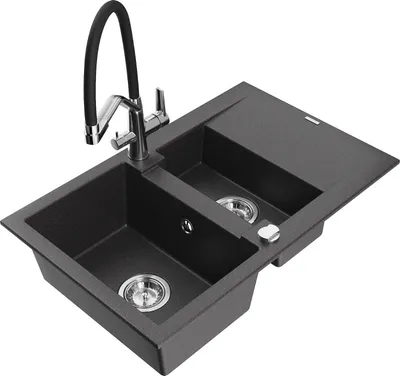 Produktbild von Mexen Gaspar 1,5-Becken-Granitspüle mit Abtropffläche und Mischbatterie Duo, Schwarz gesprenkelt - 6507-76-671701-07