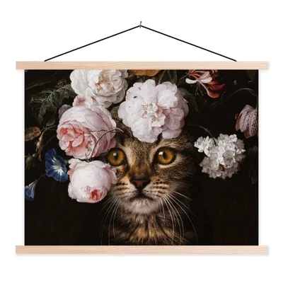 Produktbild von MuchoWow® Textilposter Katze - Blumen - Tierkopf 150x113 cm mit holzfarbenen Rahmen - Poster