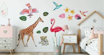 Obrázek produktu pro Muralo samolepka na zeď zvířata listy a květiny 50 x 100 cm stěna tetování nástěnné dekorace nálepky set dětský pokoj XXL
