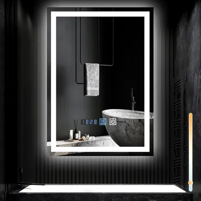 Zdjęcie produktu dla Lampa lustrzana LED ZMH z funkcją ściemniania i oświetleniem Lustro 50 x 70 cm Lustro ścienne Przełącznik dotykowy Zegar Funkcja odmgławiania Lustro z oświetleniem 3000 K–6500 K do łazienki