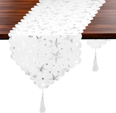 Produktbild von DOMAREX Weihnachtlicher Tischläufer 33x180 cm, Dekorativ, aus Baumwolle und Polyester, Weiß mit Silberakzenten, pflegeleicht- Silberne Sterne
