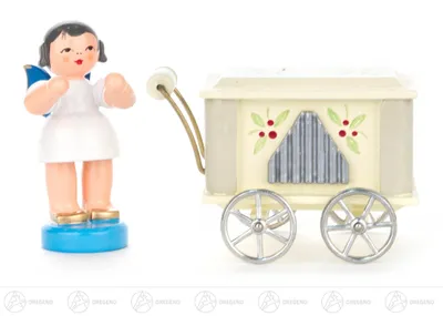 Produktbild von Engel mit Drehorgel - Blaue Flügel - stehend (6cm) von Kunstgewerbe Uhlig