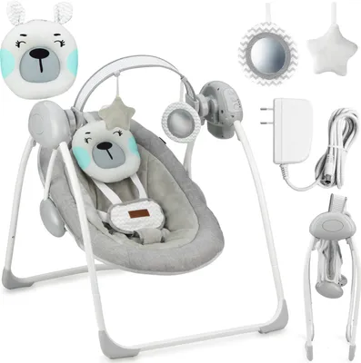 Produktbild von MoMi LISS Babywippe - Musik mit 8 Melodie, Vibration, Spielzeug-Stirnband - Grau