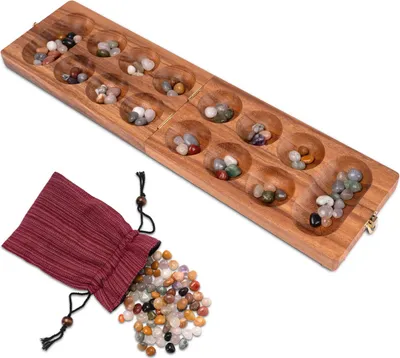 Produktbild von Kalaha Spiel mit Metallverschluss Gold Klein für 2 Spieler - Spielfeld 14 x 49 cm - Hus - Bao - mit Edelsteinen