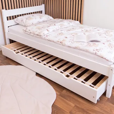Produktbild von MEBLE WRÓBEL Kinderbett 90x180 cm mit Auszugbett und Lattenrost - Einzelbett aus Kiefer Massivholz - Kinder Bett Montessori - Jugendbett in Weiß - ohne Matratze