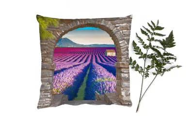 Produktbild von MuchoWow® Zierkissen Sofakissen Wohnzimmer Dekokissen 45x45 cm Lavendel - Abend - Ausblick - Blumen - Schlafpolster - Polster für das Sofa
