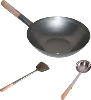Produktbild von WOK SET, 30FB-K02-S04, Wok Pfanne 30 cm Ø flacher Boden Kohlenstoffstahl + Kelle + Spathel Edelstahl mit Holzgriff, AAF Nommel ®