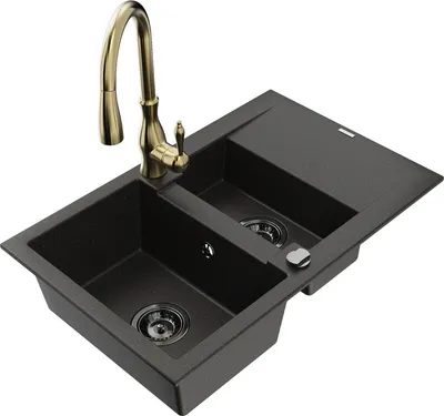Produktbild von Mexen Gaspar 1,5-Becken-Granitspüle mit Abtropffläche und Mischbatterie Savita, Schwarz/Gold - 6507-75-672601-50-B