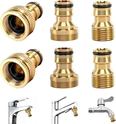 Image de 6 raccords en laiton, de différentes tailles (1/2 et 3/4 de pouce), pour tuyau d'arrosage