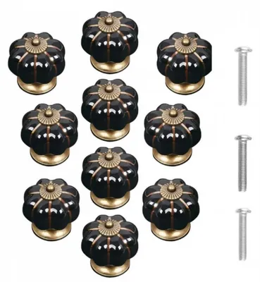 Produktbild von (Schwarz) Set mit 10 Vintage-Türgriffen aus Keramik in Kürbisform, schlichte Schrank- und Schubladengriffe