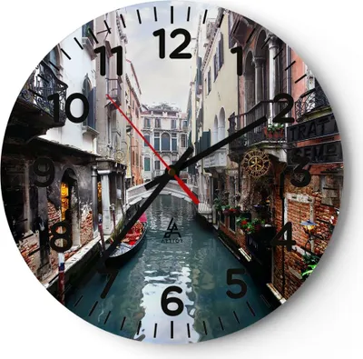 Produktbild von Wanduhr - Rund - Glasuhr - Boot Brücke Tourismus Venedig - 30x30cm - Schleichendes Uhrwerk - Lautlos - zum Aufhängen bereit - Dekoration Modern - Wanddekoration aus Glas - C4AR30x30-2157
