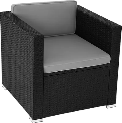 A single black rattan armchair with gray cushions is shown against a white background.