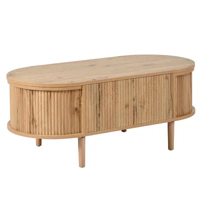 Produktbild von Merax Ovaler Couchtisch mit Wellenoptik, höhenverstellbare Wohnzimmetisch mit Stauraum, Sofatisch aus MDF und Kiefernholz, Natur