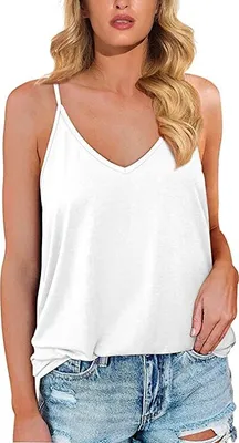 Image de ASKSA Chemisier femme col V sans manches T-shirt uni été élégant Casual Loose Fit Tops Shirt, Blanc, M