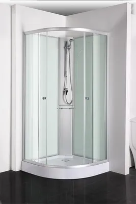 A modern corner shower cabin with glass doors and a shower head.