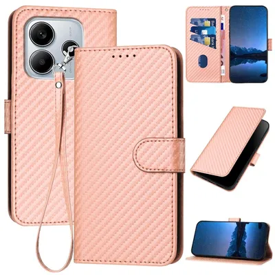 Immagine prodotto di Per Xiaomi Redmi Note 14 5G Custodia in Pelle finta con design in fibra di carbonio e cordino Rosa