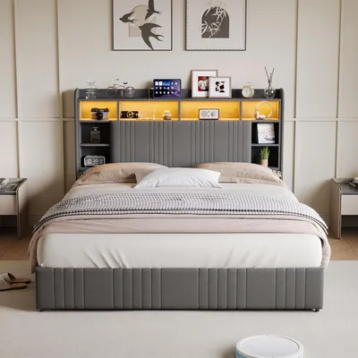 Immagine prodotto di Letto imbottito ProximaX 160x200cm con USB e prese, letto per ragazzi letto matrimoniale con 4 cassetti, letto contenitore letto in legno massiccio con LED e rete a doghe, lino, grigio