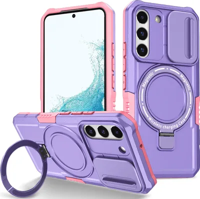 Produktbild von Handyhülle für Samsung Galaxy S22 5G Kompatibel mit MagSafe, Robuste Hülle mit Schiebe Kamera Schutz, Magnetischer Ringständer Lila