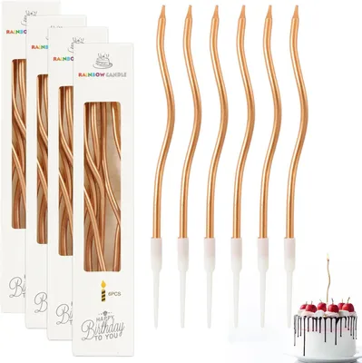 Produktbild von 24 spiralförmige Geburtstagskerzen in Champagnerfarbe, 16 cm lang, dünne Kerzen, metallische Geburtstagskerzen mit Halterungen