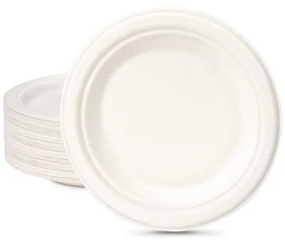 Wegwerfborden aus Bagasse, 200 St., 18 cm, weiß, rund
